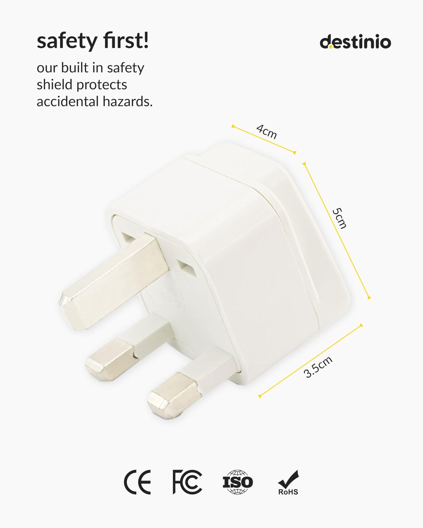 Destinio India to UK Adapter Plug - Type G Plug Adapter, India to UAE, Dubai, Hong Kong - UK Adapter for Indian Pin - CE Certified UK Travel Adapter for Laptop, Camera, Chargers (White, 3 Pack)