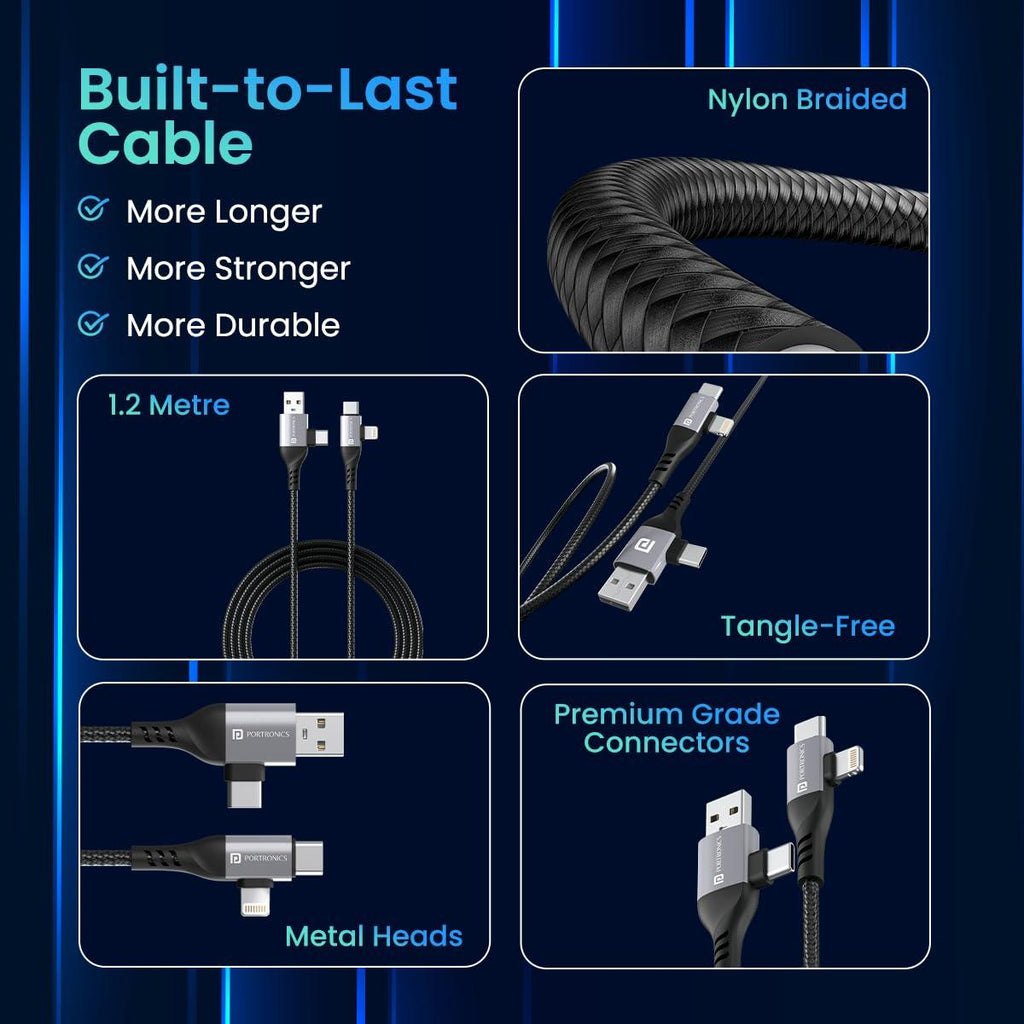 Portronics Konnect 4 IN 1 Unbreakable Nylon Braided Multi Functional Fast Charging Cable with Fast Data Transfer,Compatible with All Type C Android Smartphone & Lighting Device etc.(Black)