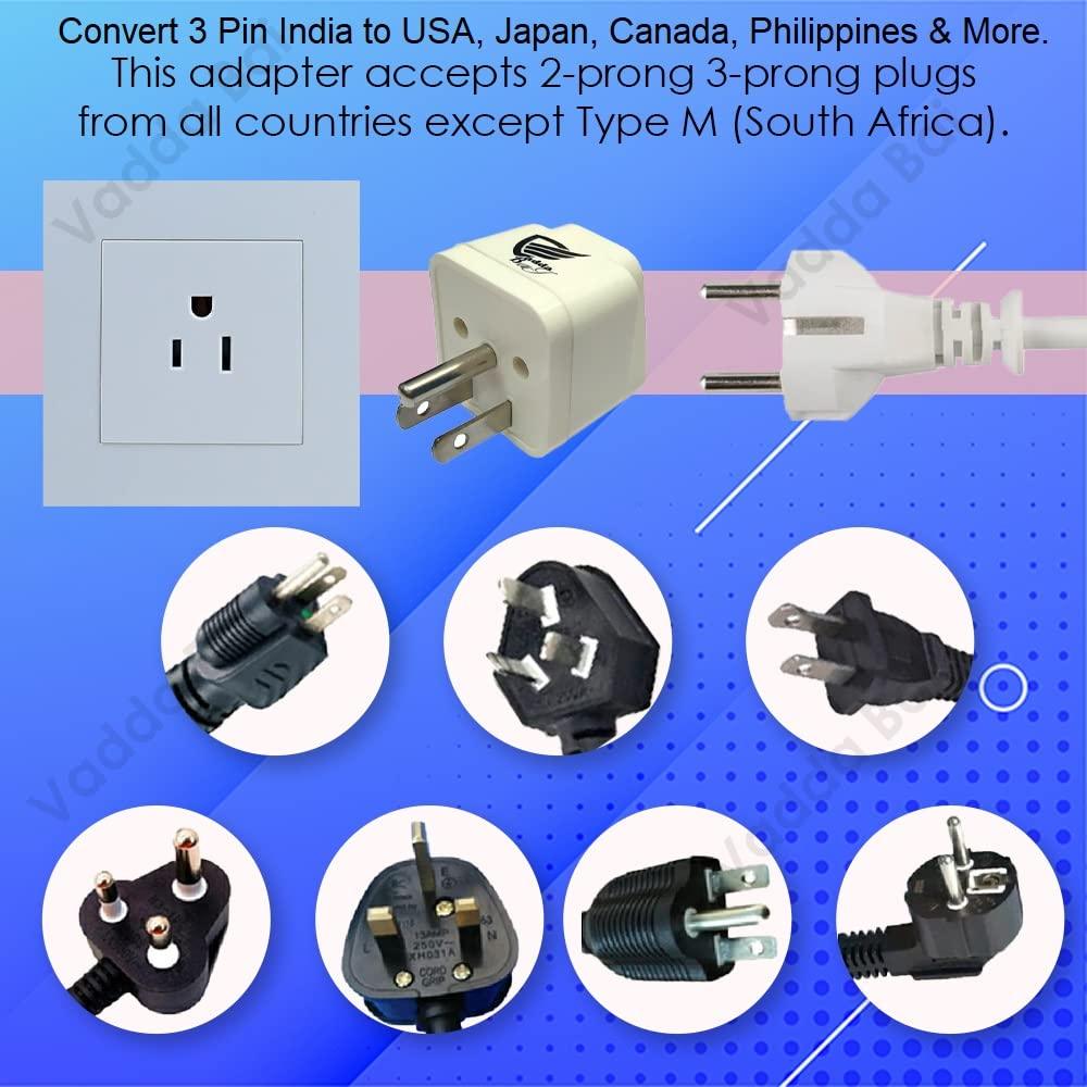 Vadda Bai (Pack of 2) 10A 250V 2 & 3 Pin Conversion Plug Adapter for Travel India to USA, Japan, Canada, Philippines & More, white