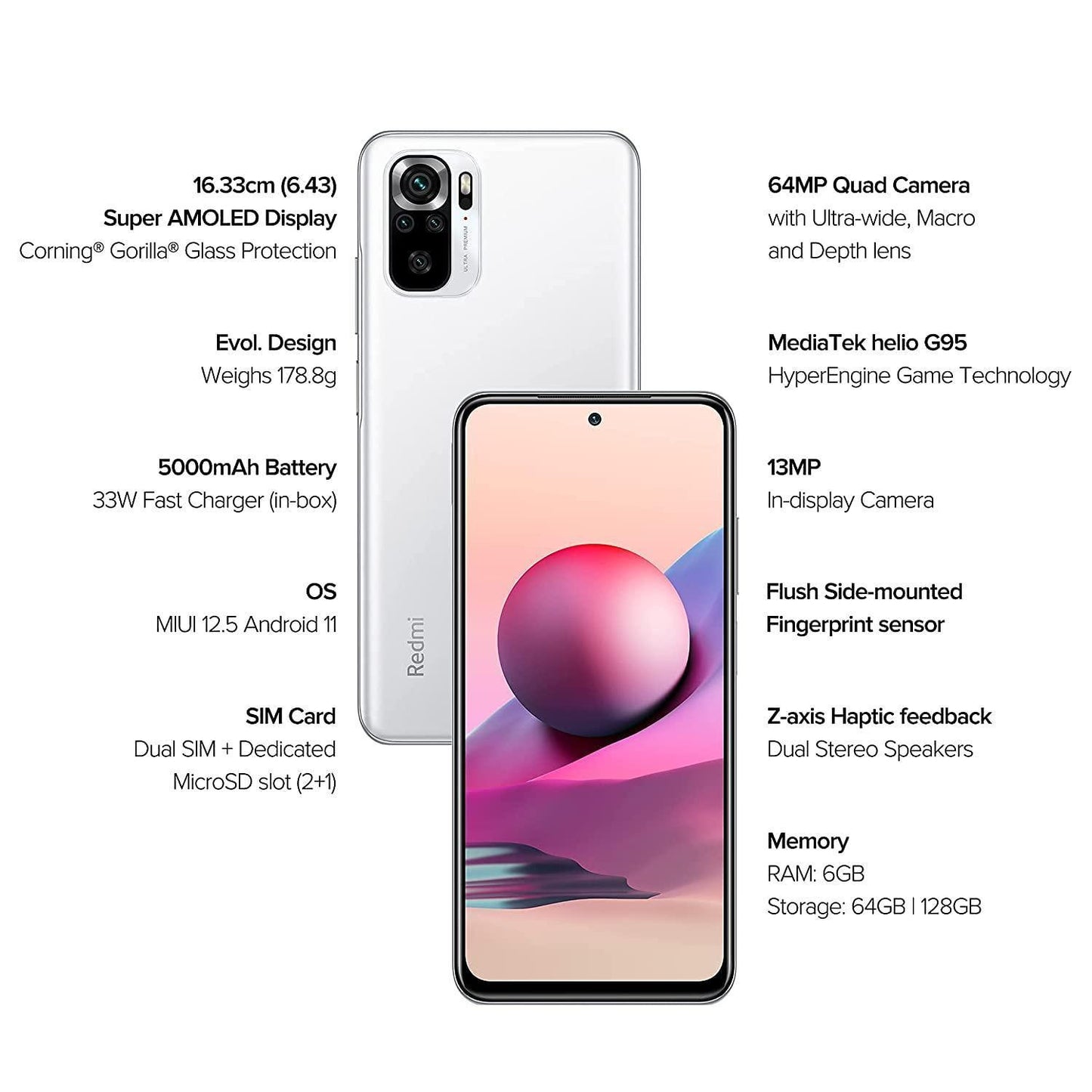 (Refurbished) Redmi Note 10S (Frost White, 6GB RAM, 64GB Storage) - Super Amoled Display | 64 MP Quad Camera - Triveni World