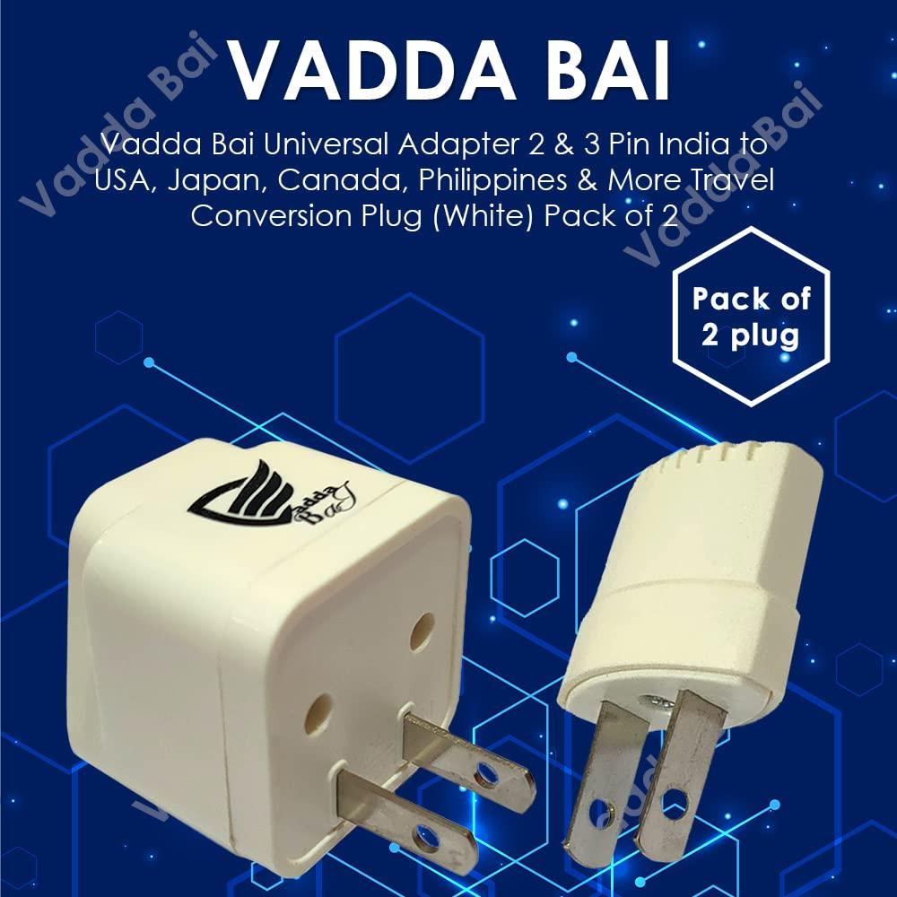 Vadda Bai Set of 2 Universal Adapter 2 & 3 Pin India to USA, Japan, Canada, Philippines & More Travel Conversion Plug (White)