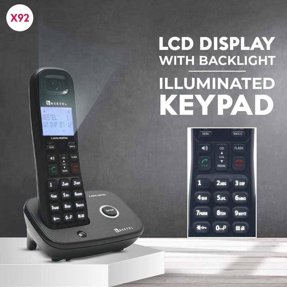 Beetel Newly Launched X92 2.4Ghz Cordless Landline,Dual Mode DTMF/FSK,1 Line 7 segment LCD Display & Blue LED Backlit,Illuminated Keypad,2 Way Speaker Phone,6 Step ringer volume Control (Black)(X92)