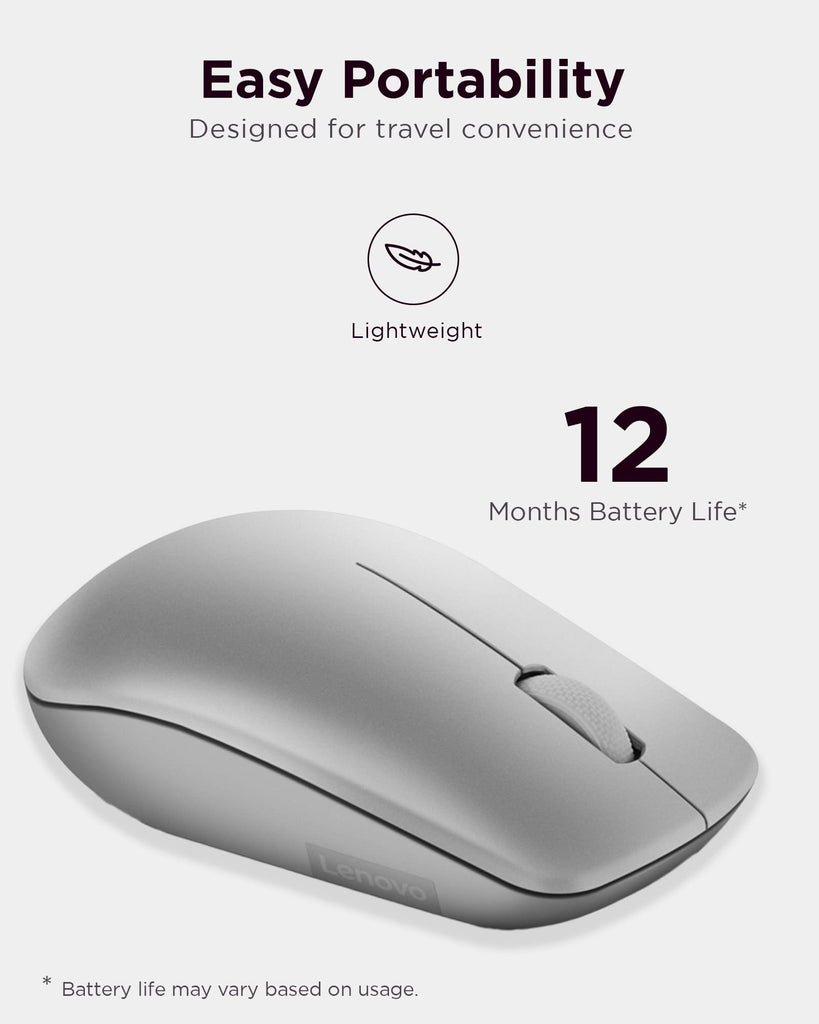 Lenovo 530 Wireless Mouse (Platinum Grey): Ambidextrous, Ergonomic Mouse, Up to 8 Million clicks for Left and Right Buttons, Optical Sensor 1200 DPI, 2.4 GHz Wireless Technology via Nano USB Receiver