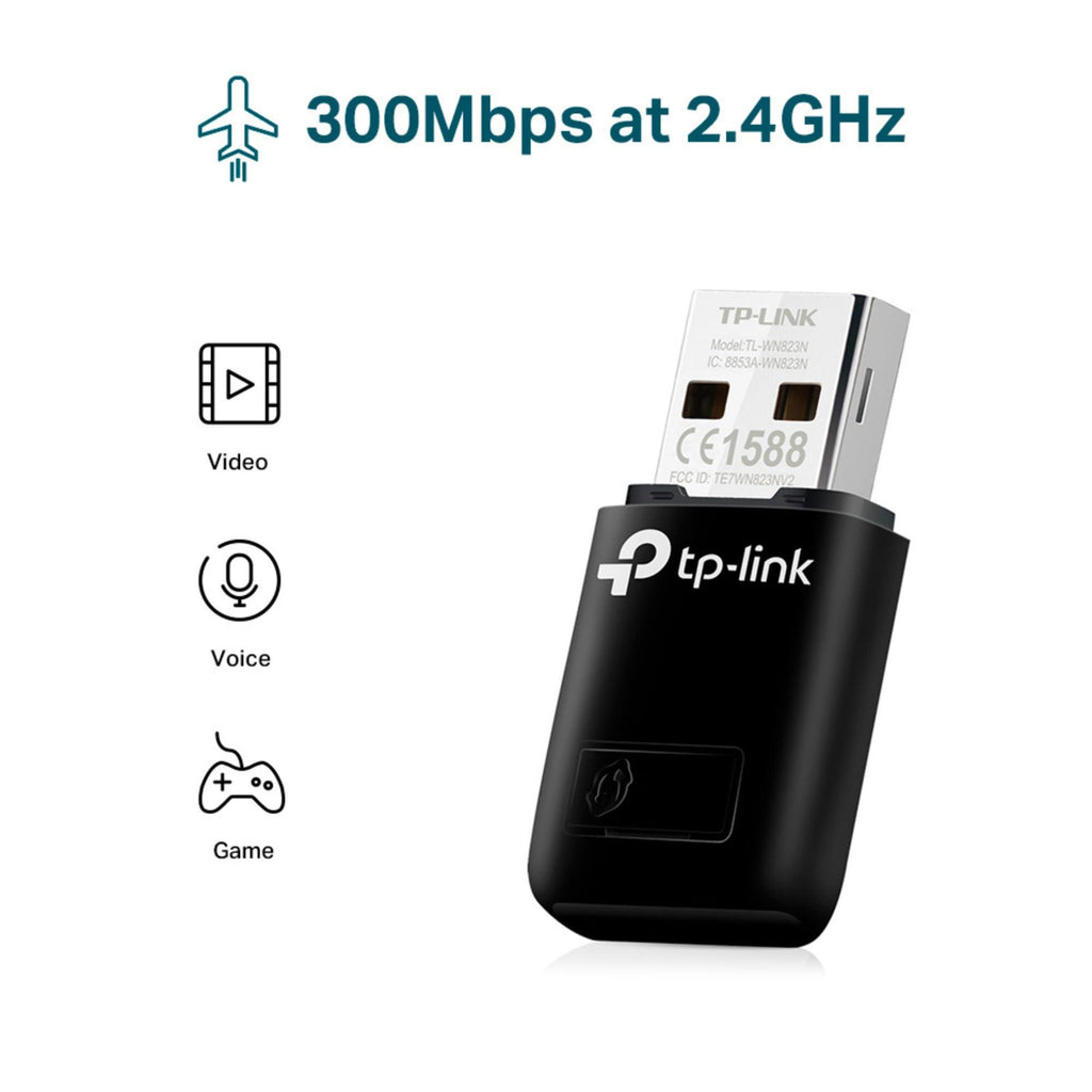 TP-LINK WiFi Dongle 300 Mbps Mini Wireless Network USB Wi-Fi Adapter for PC Desktop Laptop(Supports Windows 11/10/8.1/8/7/XP, Mac OS 10.9-10.15 and Linux, WPS, Soft AP Mode, USB 2.0) (TL-WN823N),Black