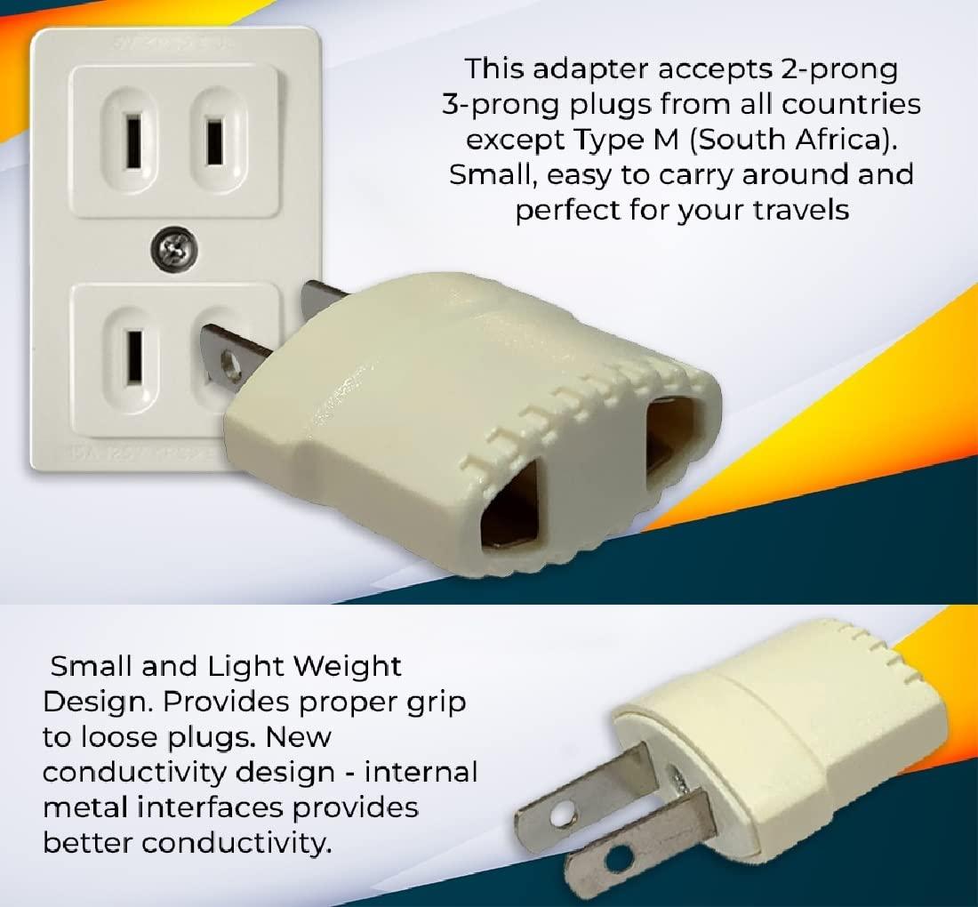 Vadda Bai Set of 2 Universal Adapter 2 & 3 Pin India to USA, Japan, Canada, Philippines & More Travel Conversion Plug (White)