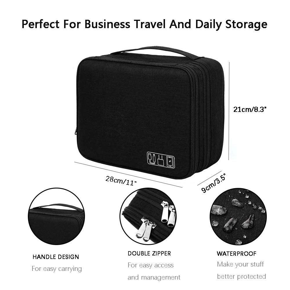 SoloTravel Portable Zippered Double Layer Electronics & Gadget Accessory Travel Storage Organizer Bag for USB Cables, Charger, HDD, Power Bank -Black