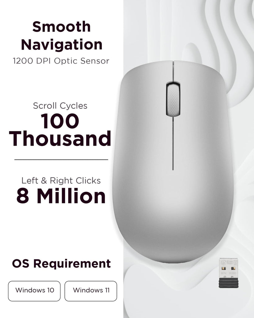 Lenovo 530 Wireless Mouse (Platinum Grey): Ambidextrous, Ergonomic Mouse, Up to 8 Million clicks for Left and Right Buttons, Optical Sensor 1200 DPI, 2.4 GHz Wireless Technology via Nano USB Receiver