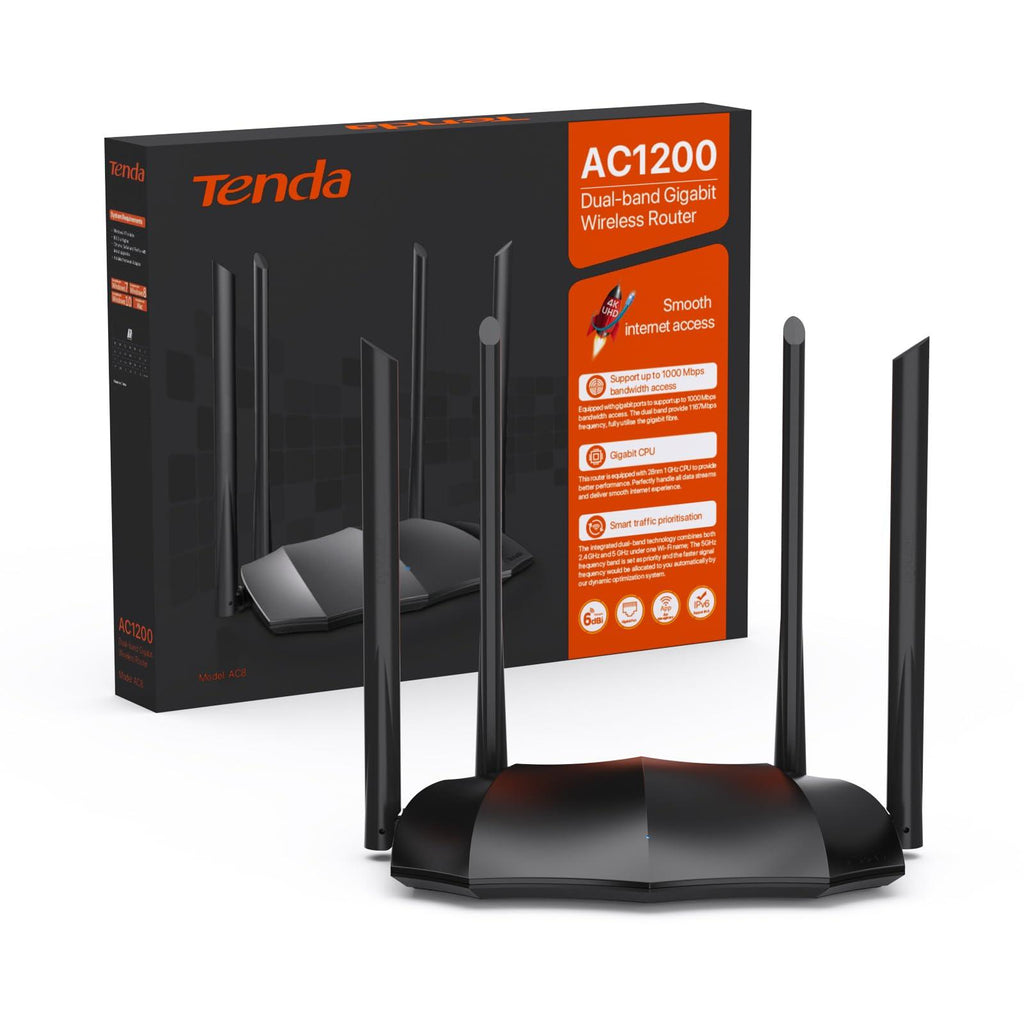 Tenda AC8 AC1200 Dual-Band MU-MIMO Wireless Gigabit Router, Wi-Fi speed up to 867Mbps/5G + 300Mbps/2.4G, 4 Gigabit Ports, Parental Control, Guest Wi-Fi, IPV6 (Black)