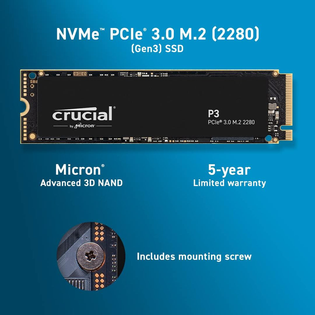 Crucial P3 500GB PCIe 3.0 3D NAND NVMe M.2 SSD, up to 3500MB/s - CT500P3SSD8