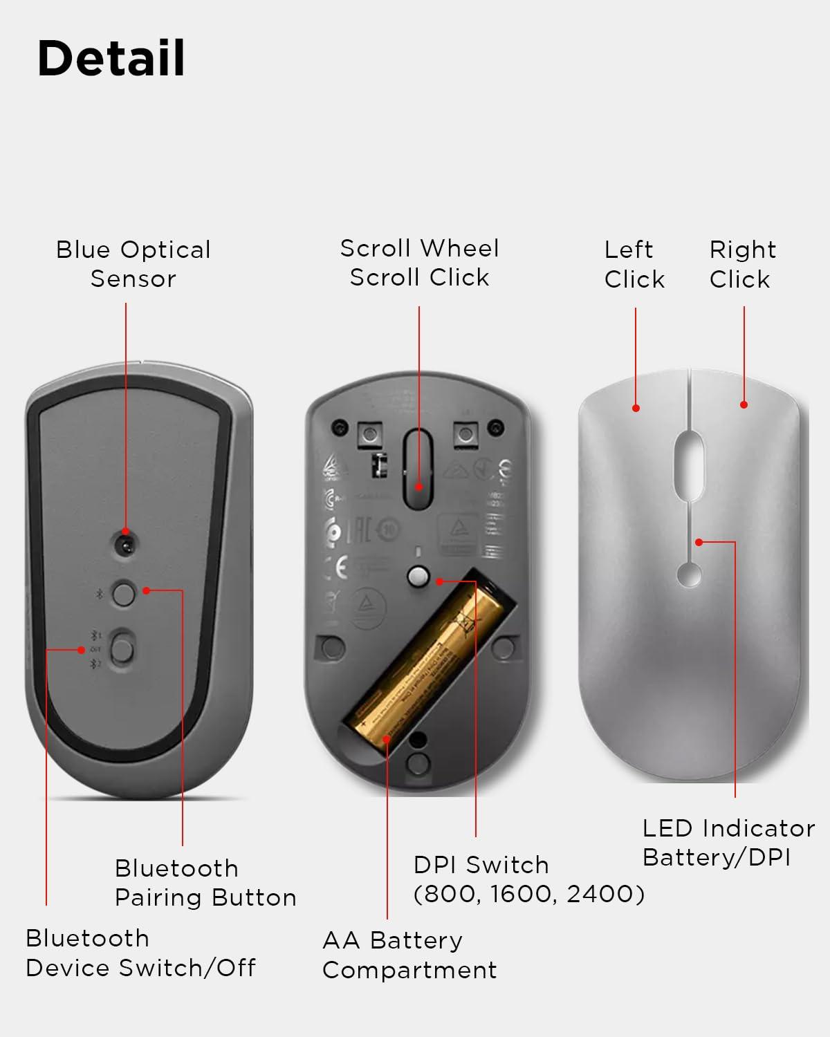 Lenovo 600 Bluetooth 5.0 Silent Mouse: Compact, Portable, Dongle-Free Multi-Device connectivity with Microsoft Swift Pair | 3-Level Adjustable DPI up to 2400 | Battery Life: up to 1 yr