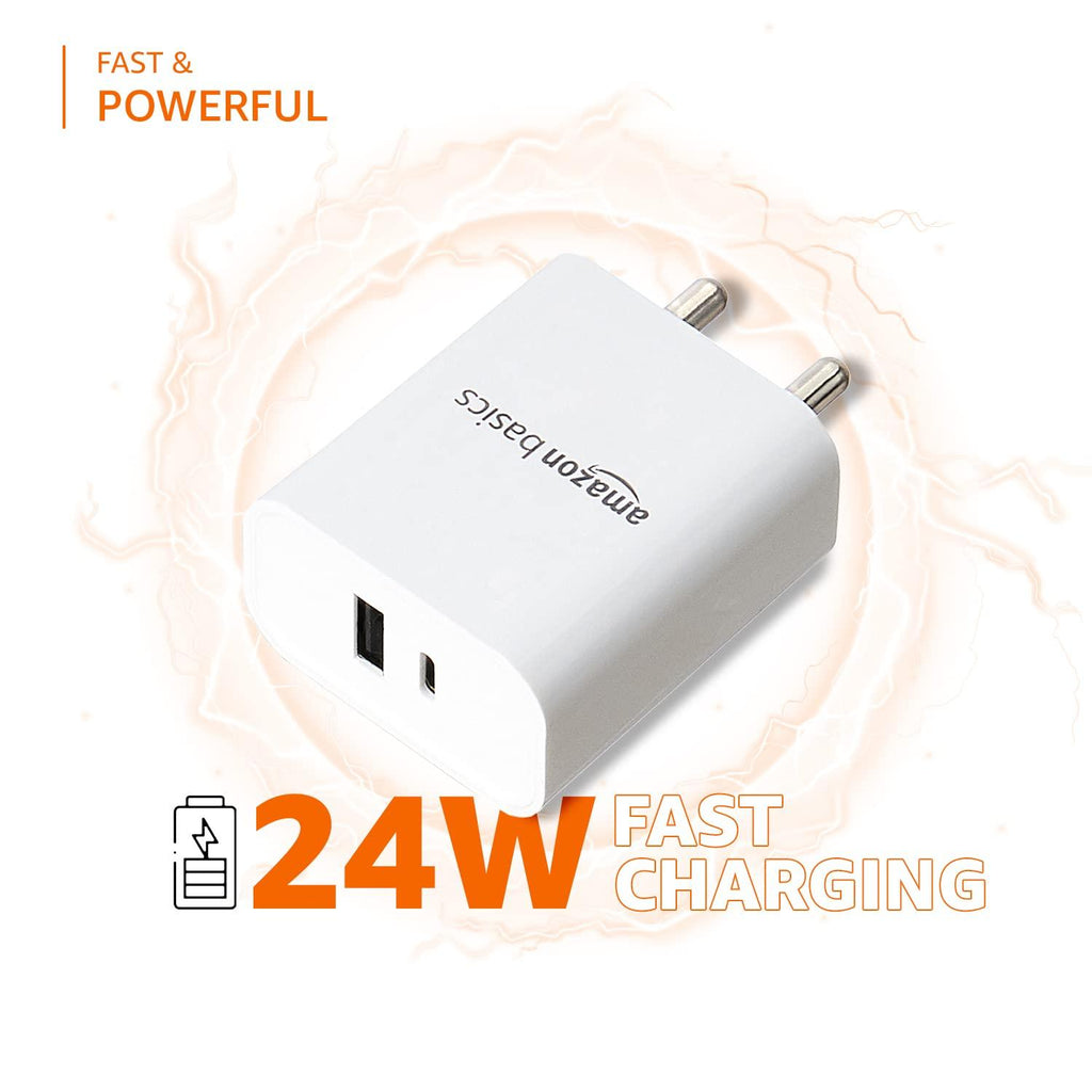 Amazon Basics 24 Watts Phone Charger for Type C Adapter with Charging Without Cable Easy to Carry Dual Output (White)