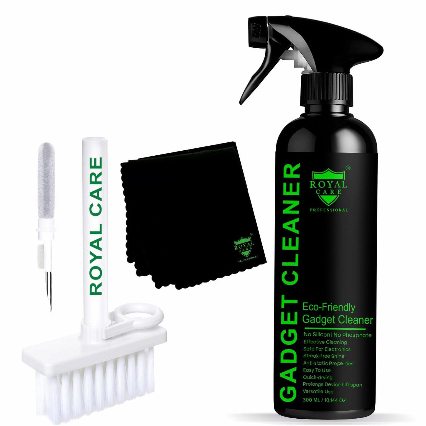 Royal Care Gadget Cleaner Liquid 300 ML + 1 Lens Cleaning Cloth + 1 Multipurpose Cleaning Brush for All Screen Laptop TV Monitor Smartphone/Tablet Camera Lens Binocular