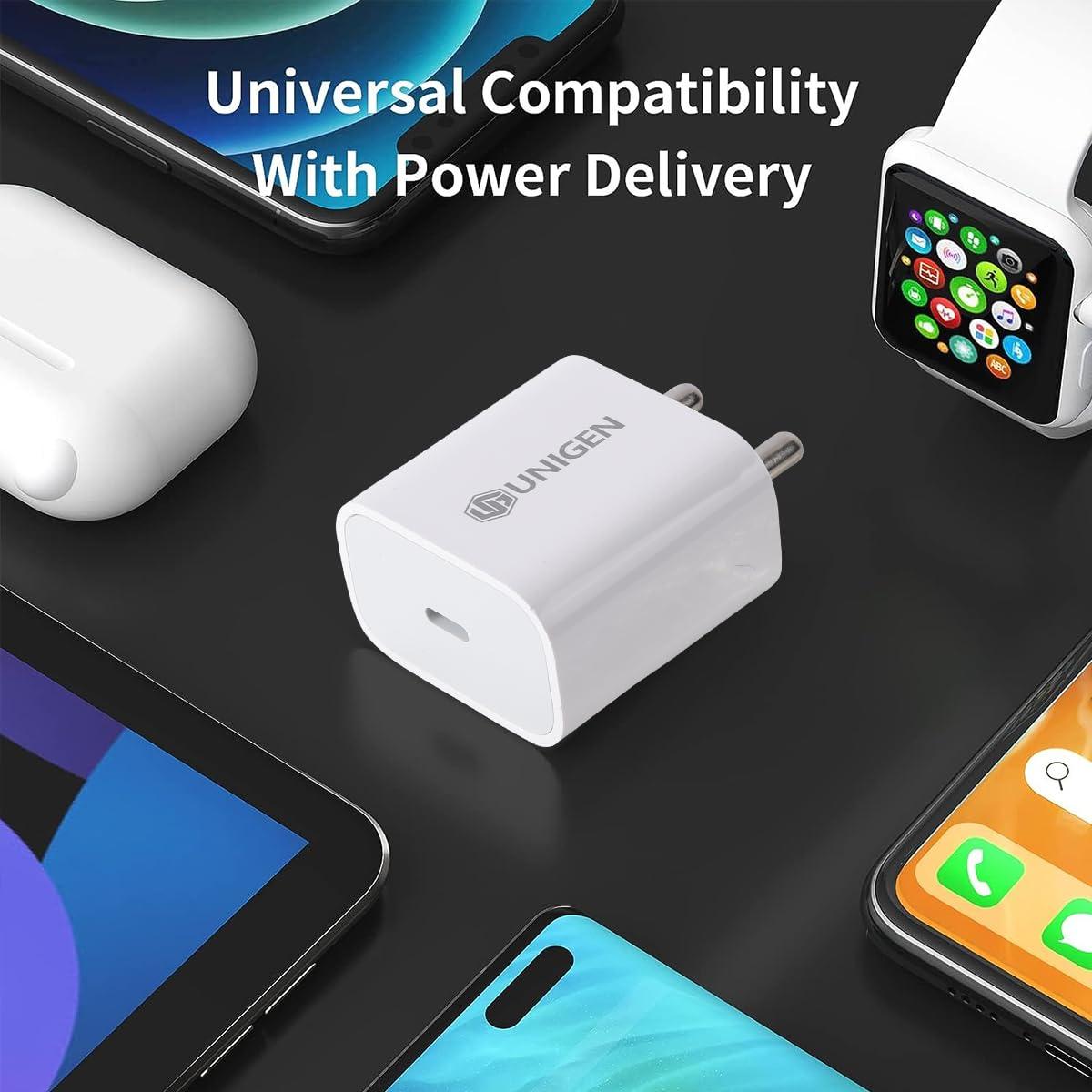 UNIGEN® 20W PD Type-C Adapter Fast Wall Charger Compatible with Android, iPhone 16/15/14/14 Plus/14 Pro/14 Pro Max, iPhone 13/13 Pro/13 Pro Max/13 Mini, 12/12 Mini/12 Pro Max, iPhone 11 BIS Certified