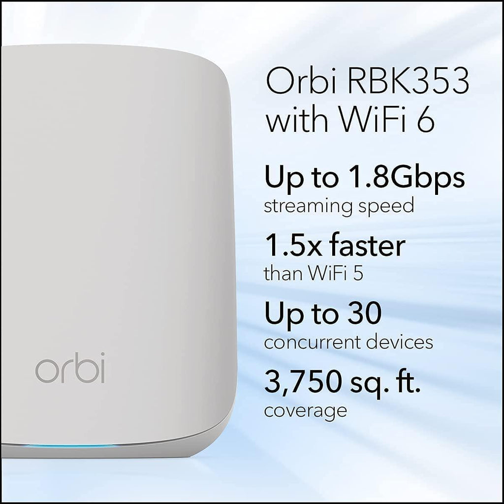 Netgear Orbi Larger Whole Home Dual Band Mesh WiFi 6 System (RBK353) Router with 2 Satellite Extenders | Coverage up to 4,000 sq. ft. and 30+ Devices | AX1800 WiFi 6 (Up to 1.8Gbps, Dual_Band)