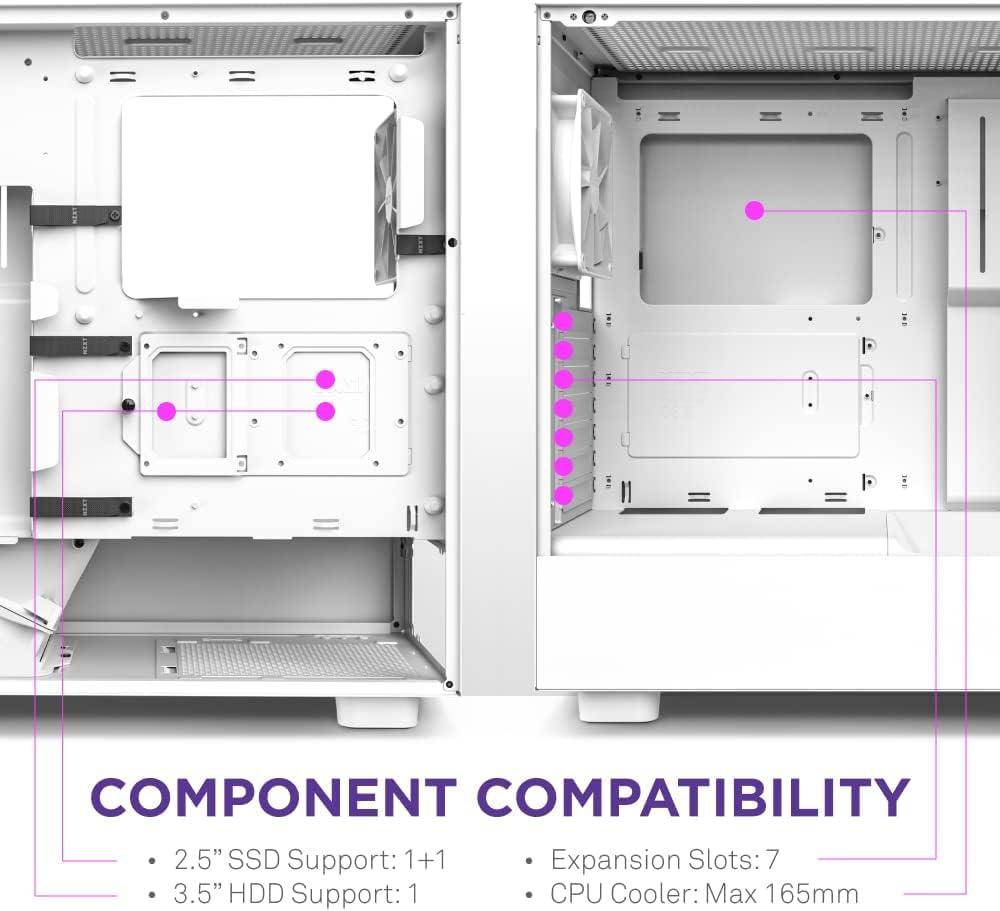 NZXT H5 Flow Compact Mid-Tower Airflow Alloy Steel Computer Case/Gaming Cabinet, Supports Mini-ITX, Micro-ATX, ATX, and EATX | 1 x 120mm Rear Fan and 1 x 120mm Bottom Fan - CC-H51FW-01, White