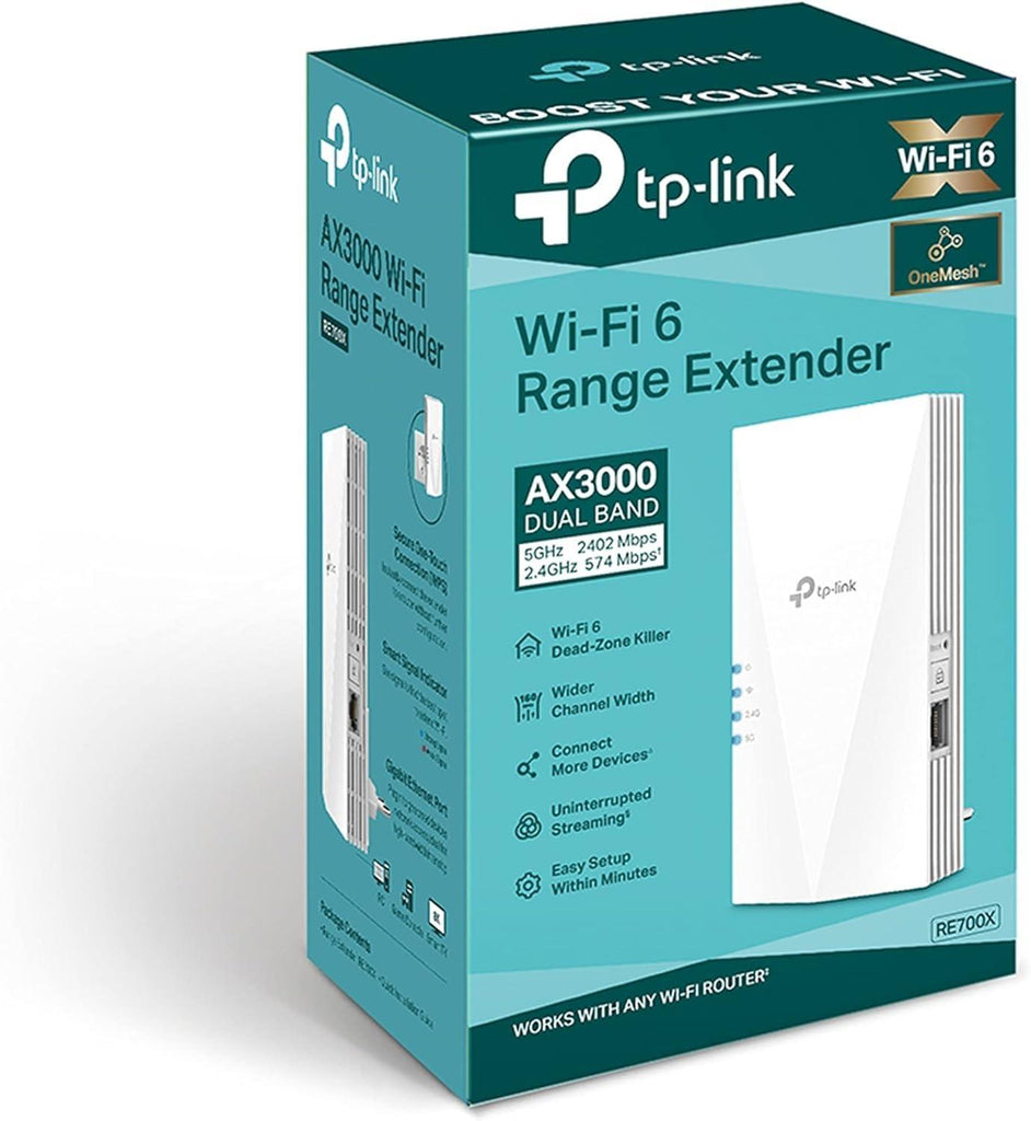 TP-Link AX3000 Mesh Dual Band Wi-Fi 6 Range Extender, Broadband/WiFi Extender, Wireless Booster/Hotspot with 1 Gigabit Port, 160 MHz Channels, Built-in Access Point Mode, Easy Setup (RE700X)