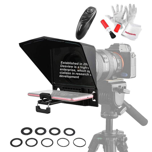 Desview T2 Portable Teleprompter Kit With Lens Adapter Ring, Remote Controller, For Smartphone/Tablet/Dslr Camera Video Recording Interview Presentation - Black