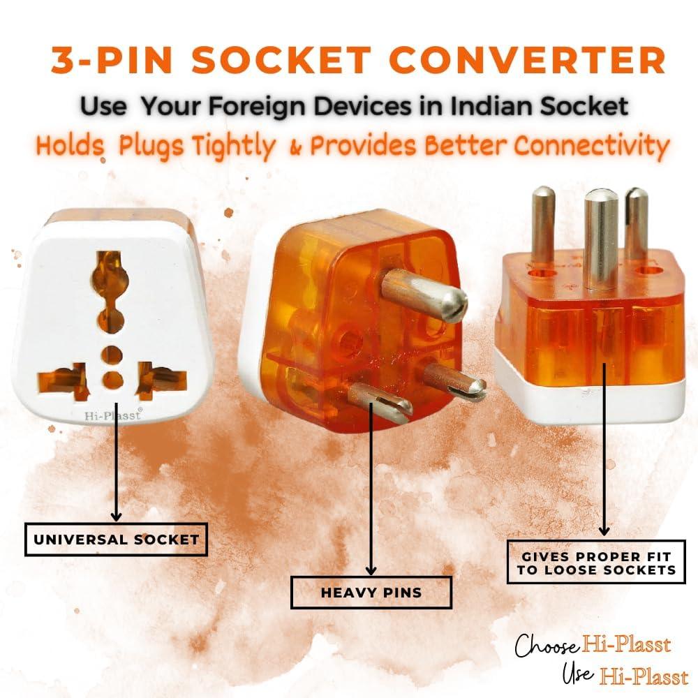 Hi-PLASST 3pin Plug Type D Adapter (Pack of 3) // World (USA, UK, Canada, Europe) to India Travel Adapter with Universal Socket Three Pin Converter // Perfect for Laptop, Camera, Charger