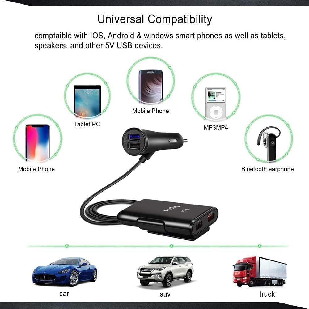 Dyazo QC 12V Fast Car Charger Back Seat Charging 4 USB Ports Compatible for Qualcomm 3.0, Samsung Galaxy, Note, iPhone, Nexus, Vivo, Oppo,Pixel, Mi & Other Mobile Phones with Free Type C Cable - Black