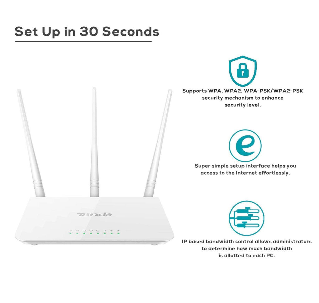 Tenda F3 300Mbps Wi-Fi Router, Easy Setup, WPS Button, Parental Control, Bandwidth Control, Wi-Fi Schedule, with 3 * 5dBi High Power External Antennas (White, N300 F3)