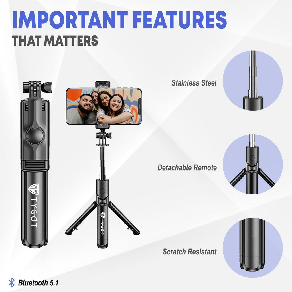 Tygot Bluetooth Extendable Selfie Sticks with Wireless Remote and Tripod Stand, 3-in-1 Multifunctional Selfie Stick with Tripod Stand Compatible with iPhone/OnePlus/Samsung/Oppo/Vivo and All Phones