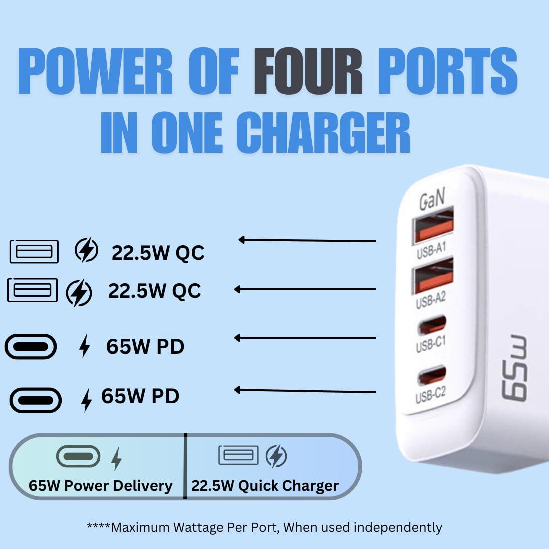 DUDAO A6SID 65W GaN Charger PD QC 4-Port Super Fast Charging Compact,USB Wall Charger with Type-C to Type-C 2M 100W Braided Cable for MacBook Pro/Air, iPad Pro, Galaxy S24, iPhone Series