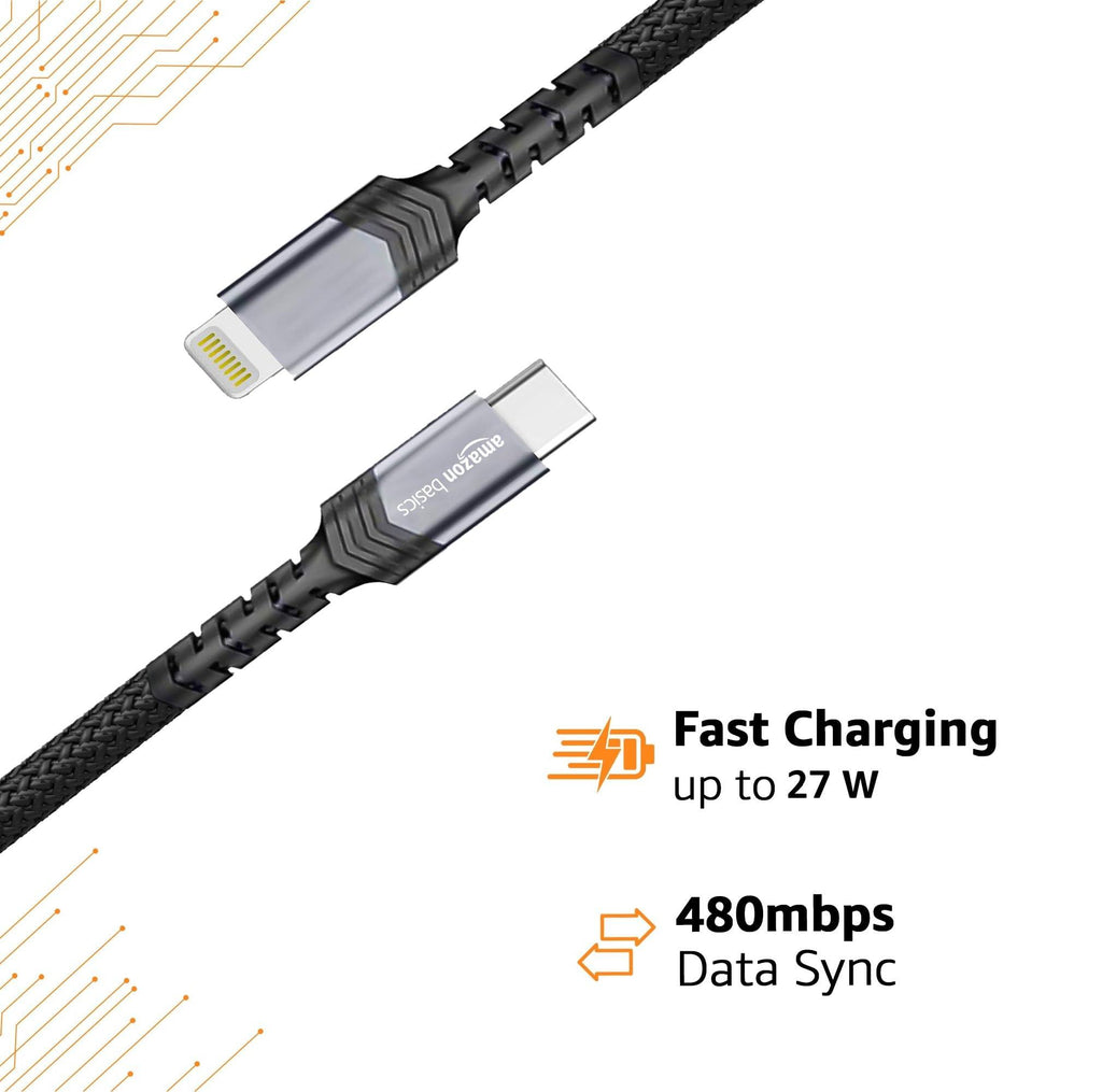 amazon basics Type C To Lightning 27W Fast Charging Nylon Braided Usb C Cable For Iphone 14,14 Pro,14 Pro Max,14 Plus,13,13 Pro,13 Pro Max,13 Mini,12,12 Pro,11,11 Pro Max,X,8 (1.2 Meter),Black