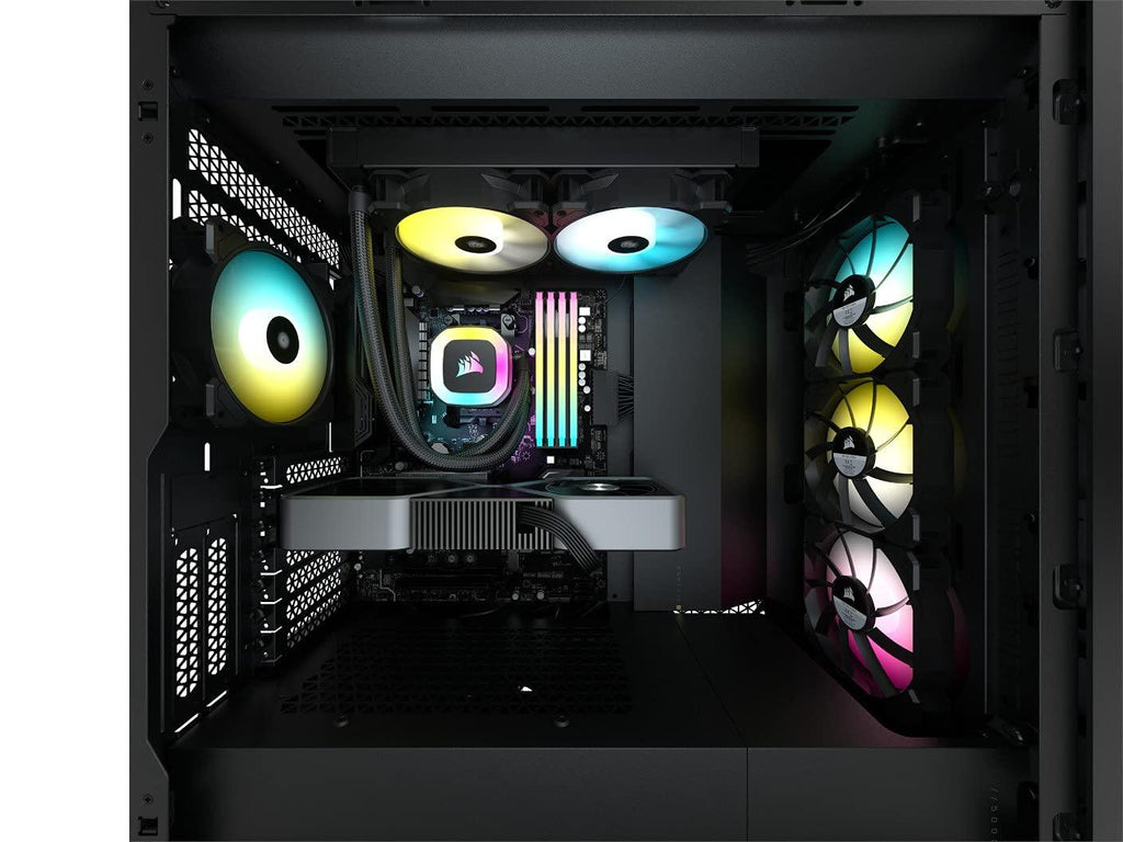 Corsair H100 RGB 240mm CPU Cooler, 2X 120mm CORSAIR SP RGB ELITE PWM fans, 29 Total individually addressable RGB LEDs, fan speeds running up to 1,500 RPM, 240mm radiator