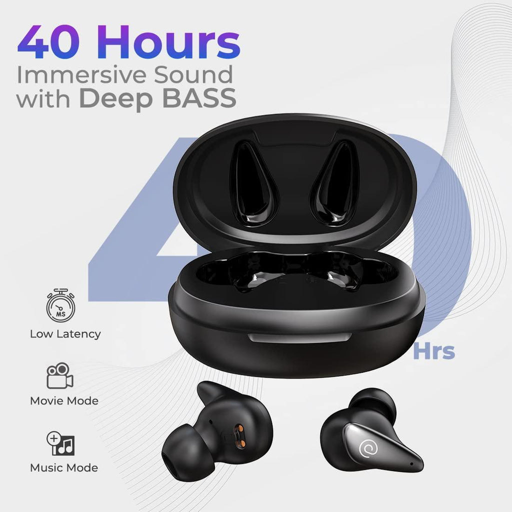 PTron Bassbuds Wave ENC Bluetooth 5.3 Wireless Headphones, 40Hrs Total Playtime, Movie Mode & Deep Bass, Low Latency in-Ear TWS Earbuds, Stereo Calls, Smooth Touch Control & Type-C Charging (Black) - Triveni World