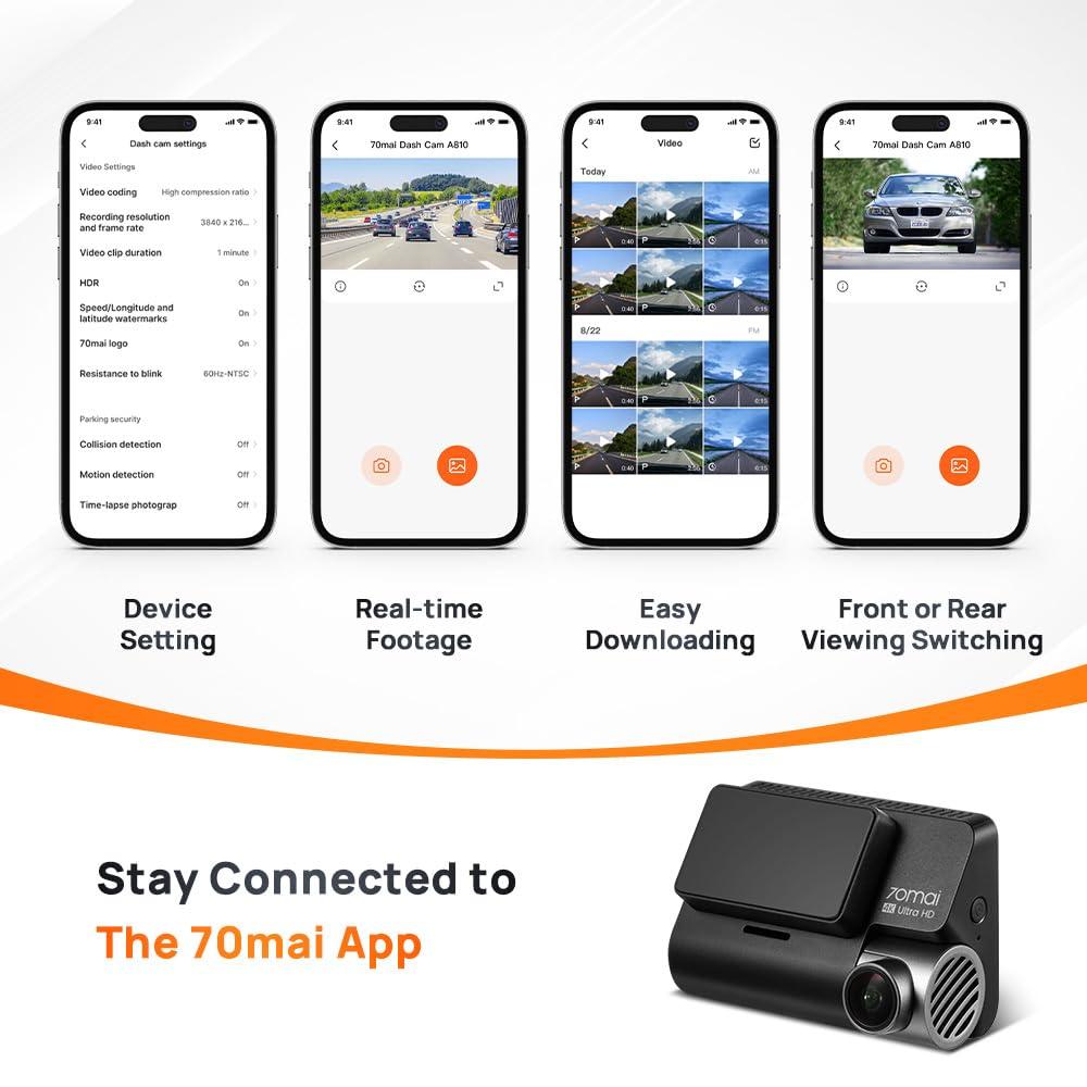 70mai A810 True 4K HDR Dual Vision Dash Cam, Built-in GPS Logger, ADAS, Starvis 2 IMX 678 150° Wide Sensor, Optional Parking Mode with Motion Detection & Time Lapse, Upto 256GB SD