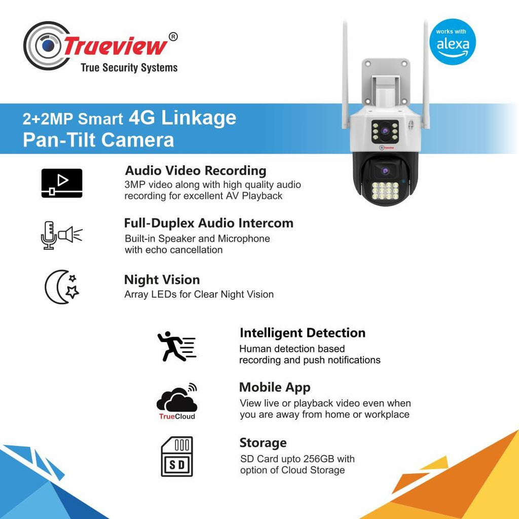 Trueview Smart 4G Linkage 2Mp+2Mp Pan-Tilt Zoom CCTV Camera, Outdoor Indoor Security Camera, Water Proof, 2 Way Talk, Cloud Storage, Motion Detect, Supports SD Card Up to 256 GB, Night Vision