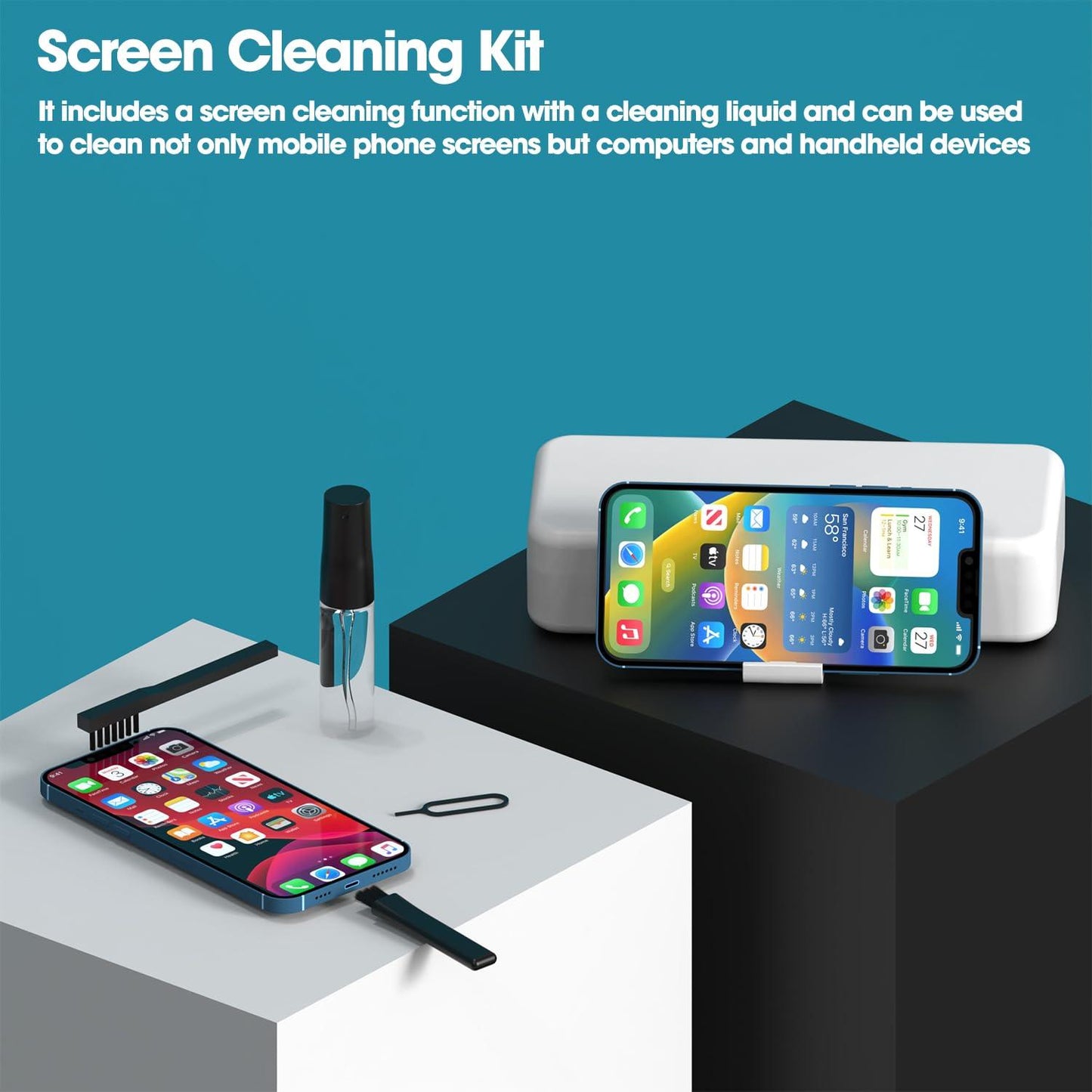 Sounce 19-in-1 Cleaning Kit for Phones, Camera, Gaming Keyboards, Laptops and Earbuds with a Built in Mobile Holder and Card Remover (White)