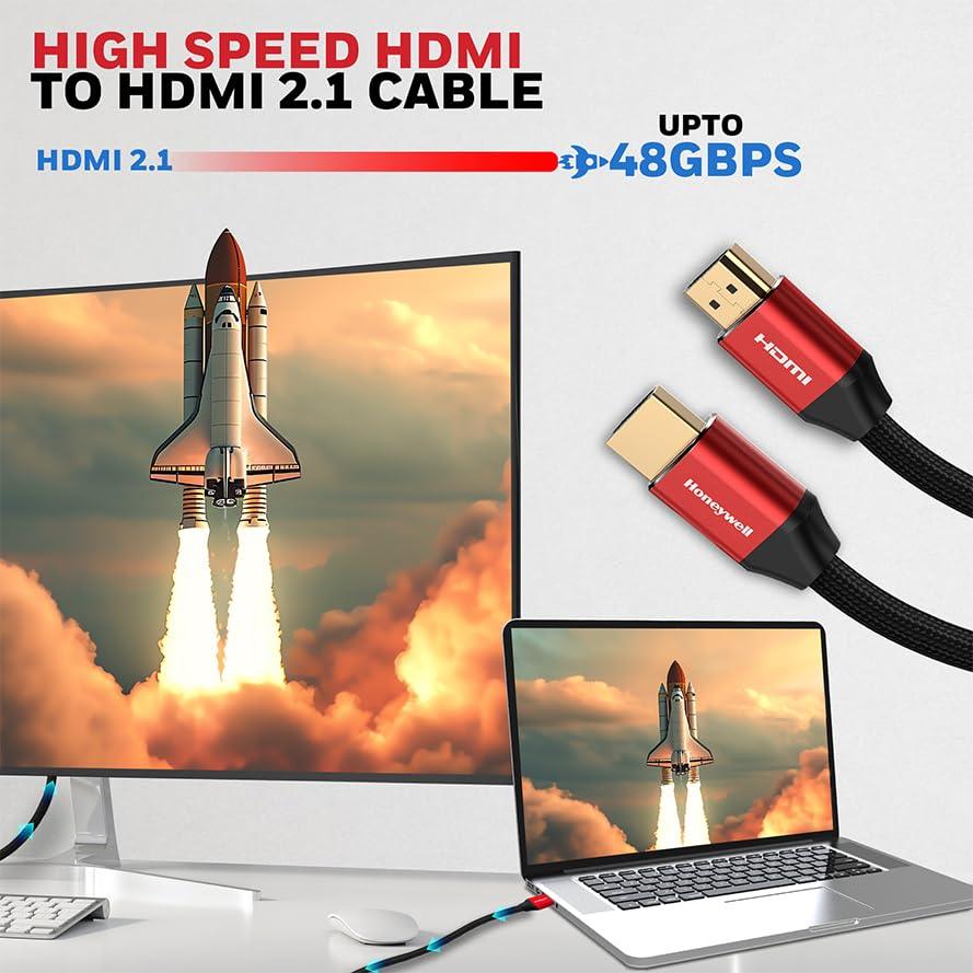 Honeywell HDMI Cable 2.1 with Ethernet, 8k@60Hz, 4k@120Hz UHD Resolution, 2 Mtr(6.6ft), 48 GBPS Transmission Ultra High Speed, Dolby DTS, eARC,3D,Male-to-Male,Compatible with all HDMI-Enabled Devices