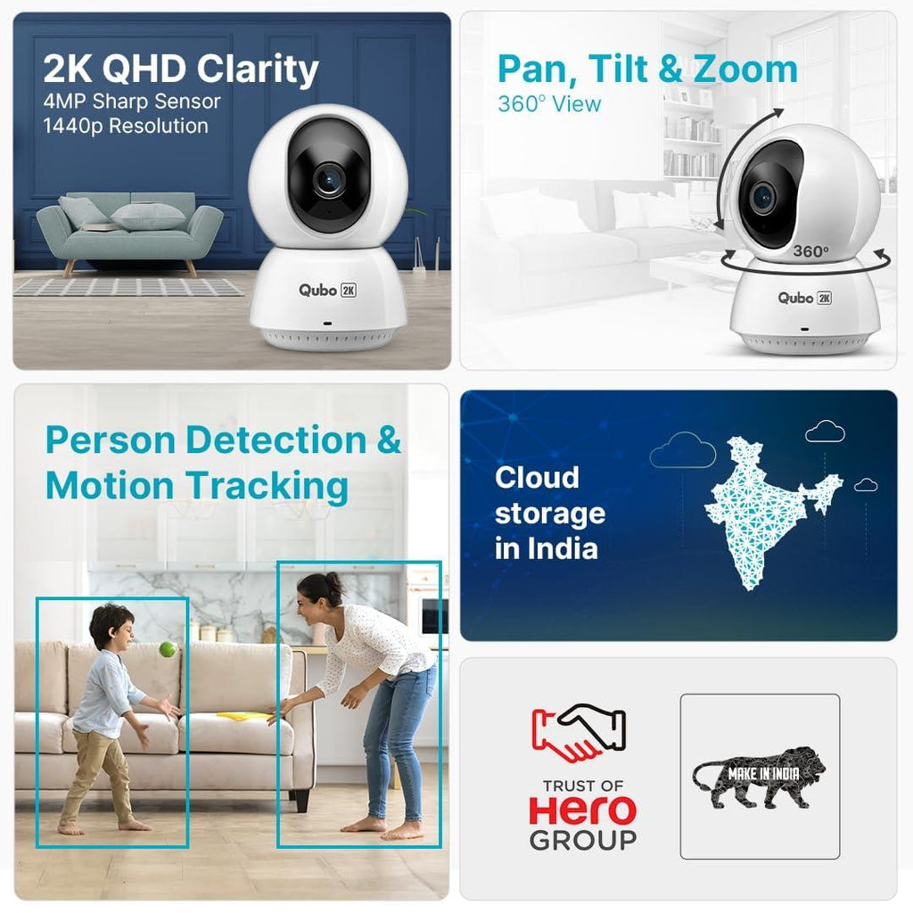 Qubo Smart 360 Ultra 2K 4MP 1440p WiFi CCTV Security Camera for Home from Hero Group | Mobile App | Two Way Talk | Night Vision | Cloud & SD Card Recording | Made in India | (Pack of 2)