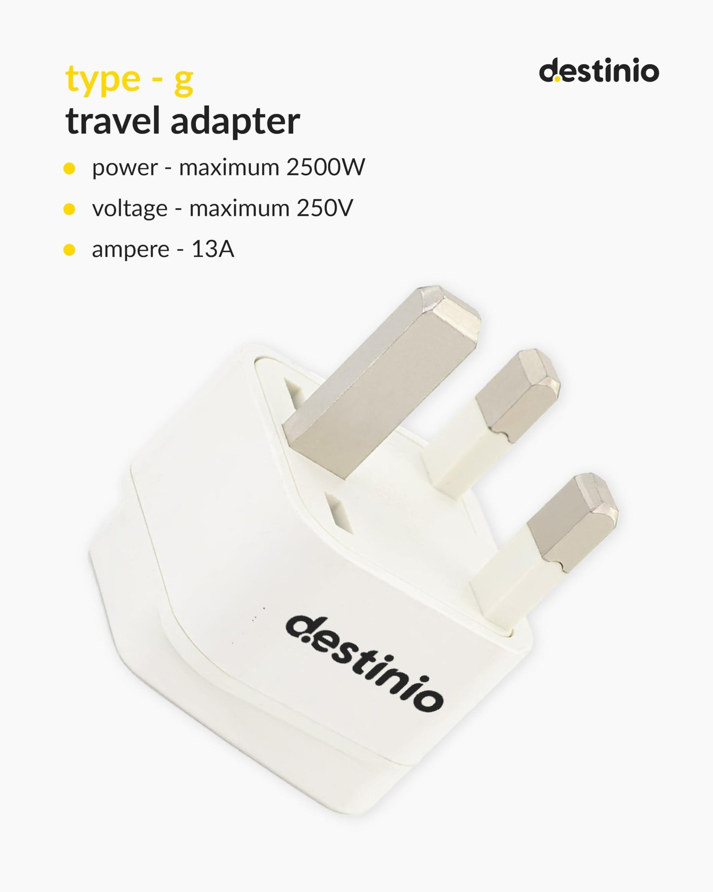 Destinio India to UK Adapter Plug - Type G Plug Adapter, India to UAE, Dubai, Hong Kong - UK Adapter for Indian Pin - CE Certified UK Travel Adapter for Laptop, Camera, Chargers (White, 3 Pack)