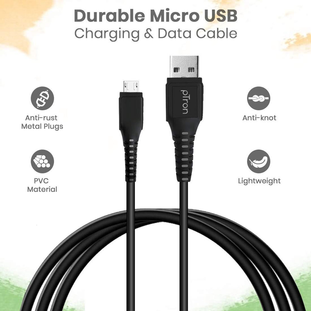 pTron USB-A to Micro USB 2.4A Fast Charging Cable compatible with Android Phones/Tablets, 480mbps Data Transfer Speed, Made in India, Solero M241 Tangle-free USB Cable (Round, 1M, Black)