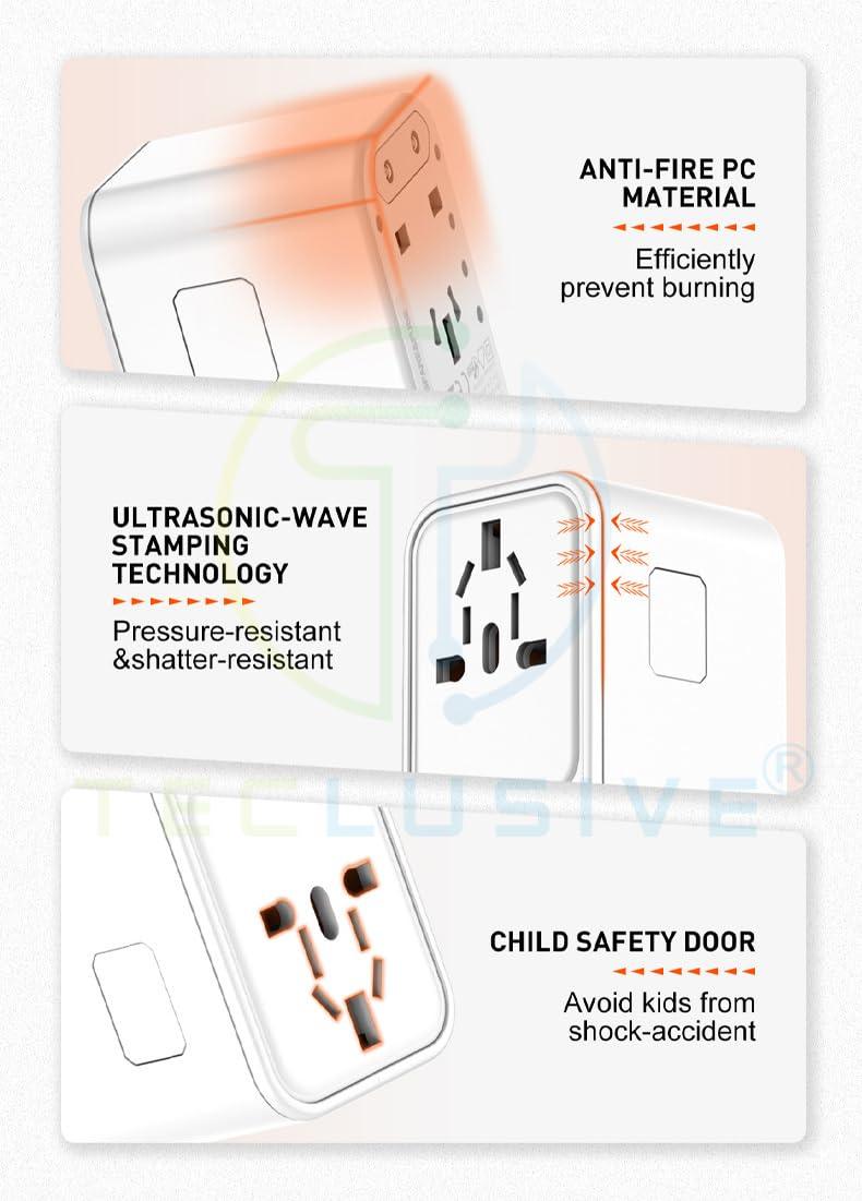 T Teclusive Universal Charger Adapter with Type C USB 65W Gan Charger | Worldwide Travel Adapter Converter Multi Socket Plug with PD QC Super Fast Charging | 2000w International Travel Charger Plug