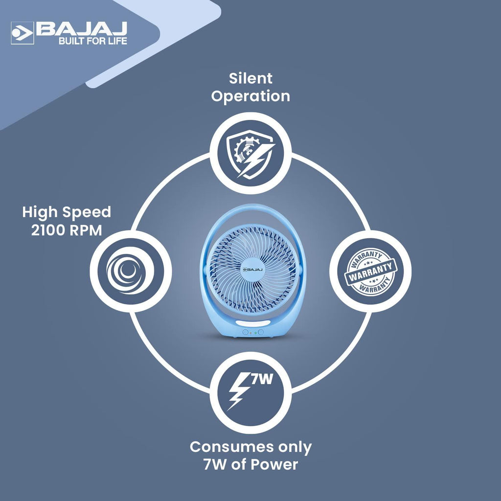 Bajaj Pygmy Go 178 mm Mini Fan with LED Lighting| Rechargeable Fan| USB Charging Fan| 4-hours Battery Backup| 3 Fan Speed| 2-Light Brightness Setting| High Speed Table Fan| Blue Portable Fan