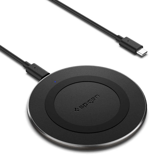 Spigen Essential Wireless Charger for iPhone 16/15/14/13/12/11/X.8 Series, Samsung Galaxy S24/S23/S22/S21/S20 OnePlus 9/9 Pro with USB-C to C Type Cable [Version 2] - Black