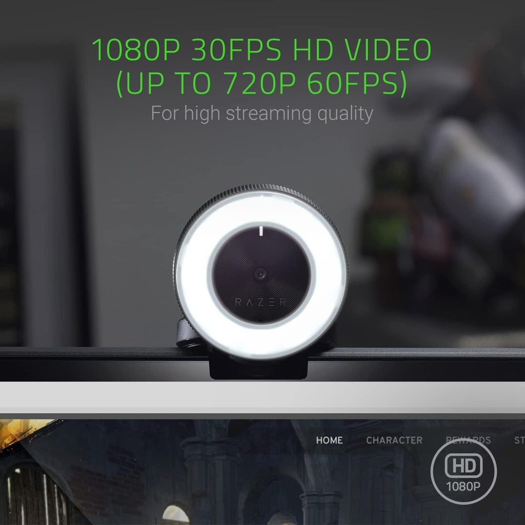 Razer Kiyo Streaming Webcam: 1080p 30 FPS / 720p 60 FPS - Ring Light w/Adjustable Brightness - Built-in Microphone - Advanced Autofocus, Black - RZ19-02320100-R3M1, 3 x Optical Zoom