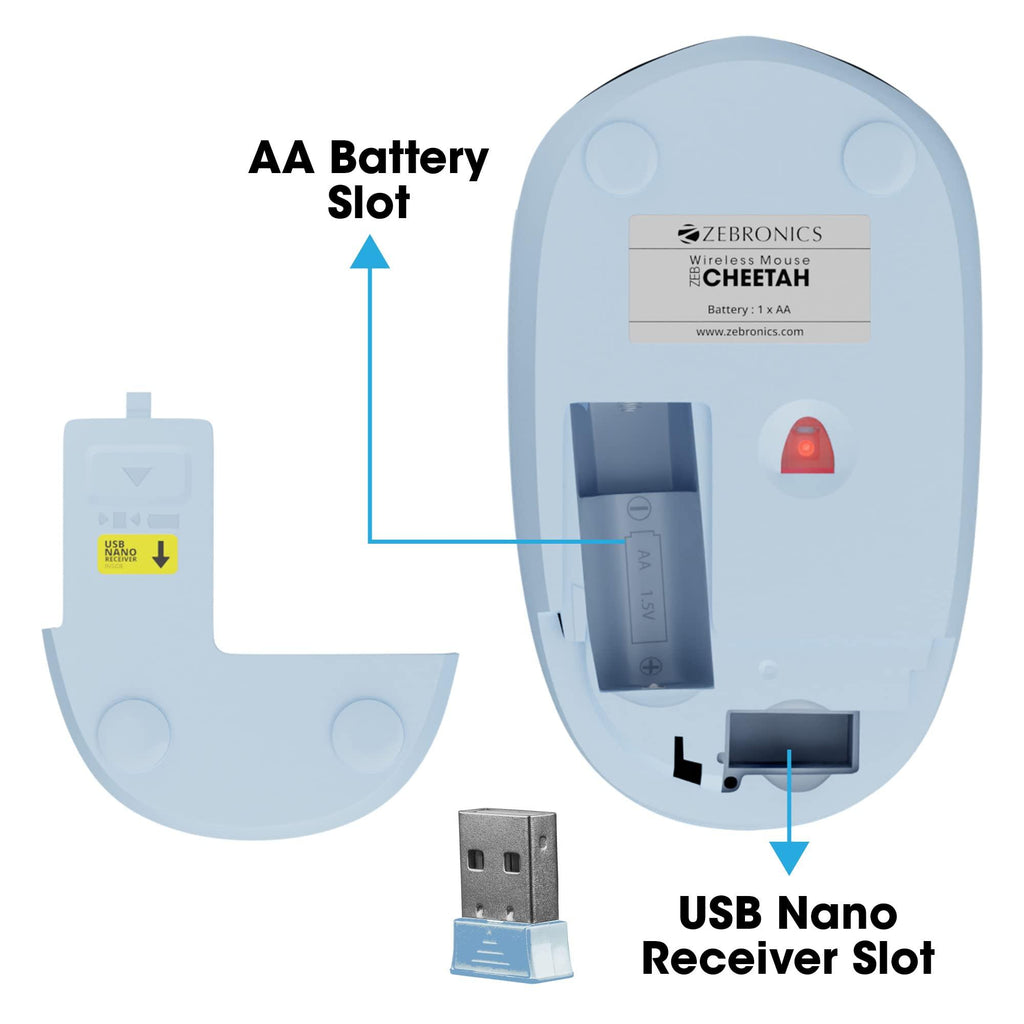 ZEBRONICS CHEETAH Wireless mouse with 1600 DPI, High accuracy, Precise usage, 3 buttons, Ergonomic and comfortable design (Blue)