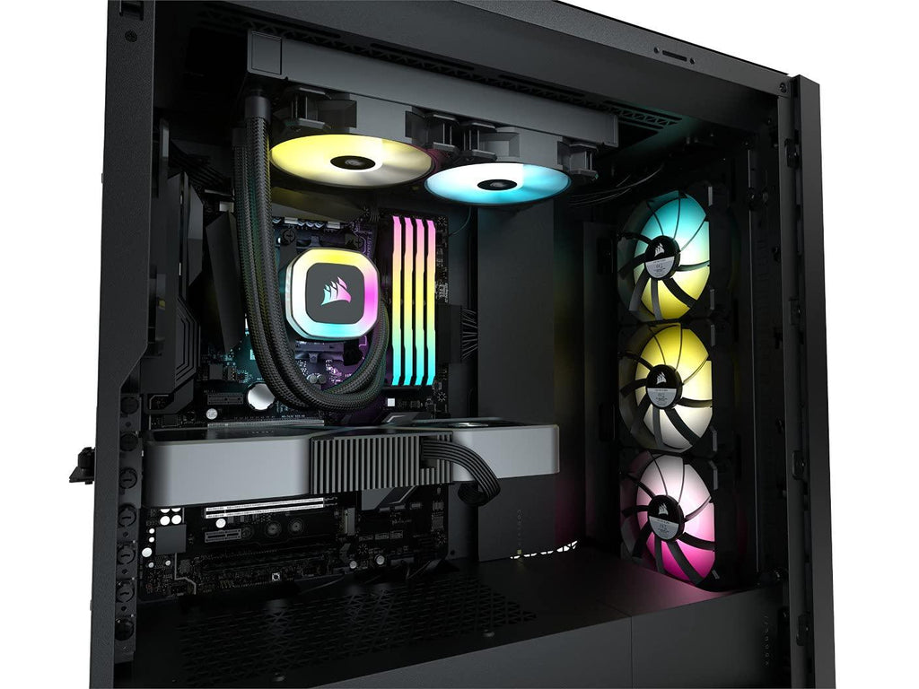 Corsair H100 RGB 240mm CPU Cooler, 2X 120mm CORSAIR SP RGB ELITE PWM fans, 29 Total individually addressable RGB LEDs, fan speeds running up to 1,500 RPM, 240mm radiator