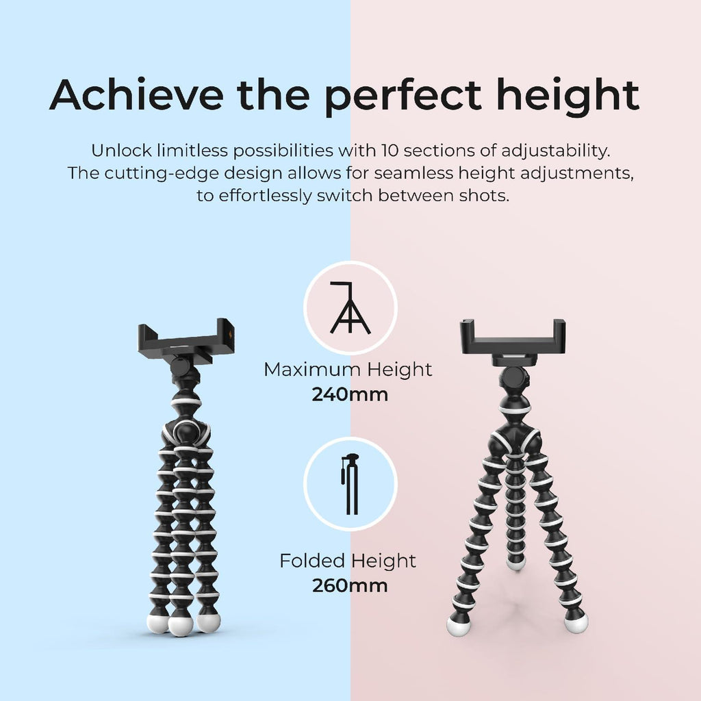 DIGITEK® (DTR 250 GT) 24cm Flexible Gorilla Mini Tripod with Phone Holder & Pan Head, 10 Sections Adjustment, 24cm Max Height, Cutting Edge Design, Reliable Grip, for Smartphones & Action Cameras