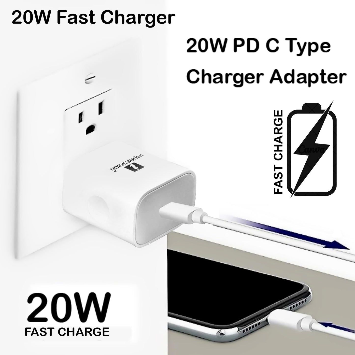 IMPRESSION 20Watt Fast C-Type Charger Adapter Compatible for Apple iPhone 12