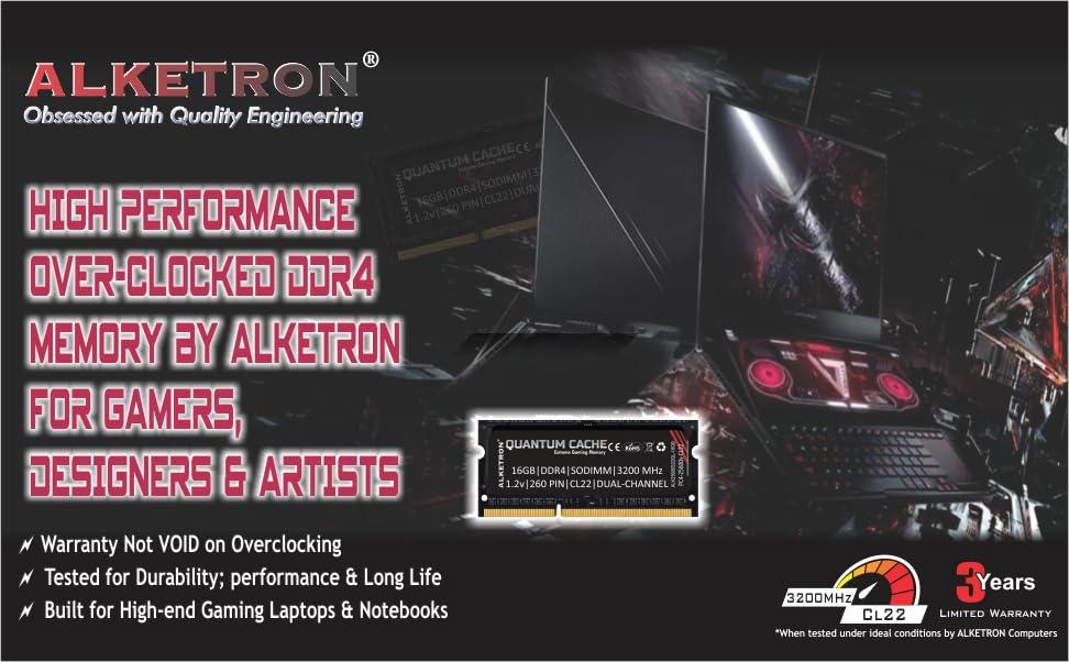 ALKETRON Quantum Cache Series Extreme Gaming Memory - 8GB DDR4 RAM 3200MHz CL22 SODIMM PC4 25600s for laptops and notebooks - 3 Year Replacement Warranty