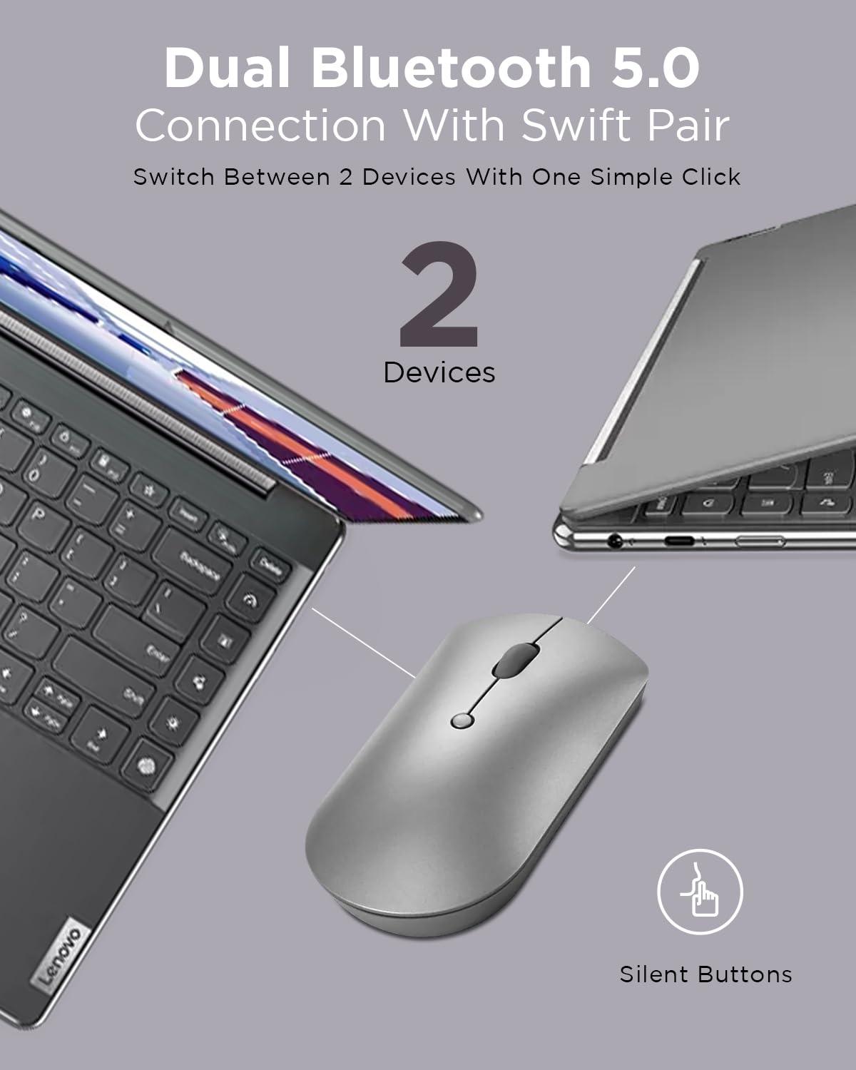 Lenovo 600 Bluetooth 5.0 Silent Mouse: Compact, Portable, Dongle-Free Multi-Device connectivity with Microsoft Swift Pair | 3-Level Adjustable DPI up to 2400 | Battery Life: up to 1 yr