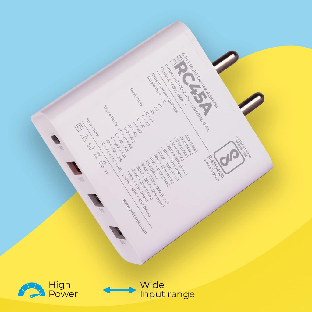 Zebronics Rc45A 4 Port Charger, 45W Max, Smart Ic, Type C Pd 3.0, 3X USB, for Iphone | Android Smartphones | Tablets, Rapid Charge, Wide Voltage Support, Built in Protections, Black
