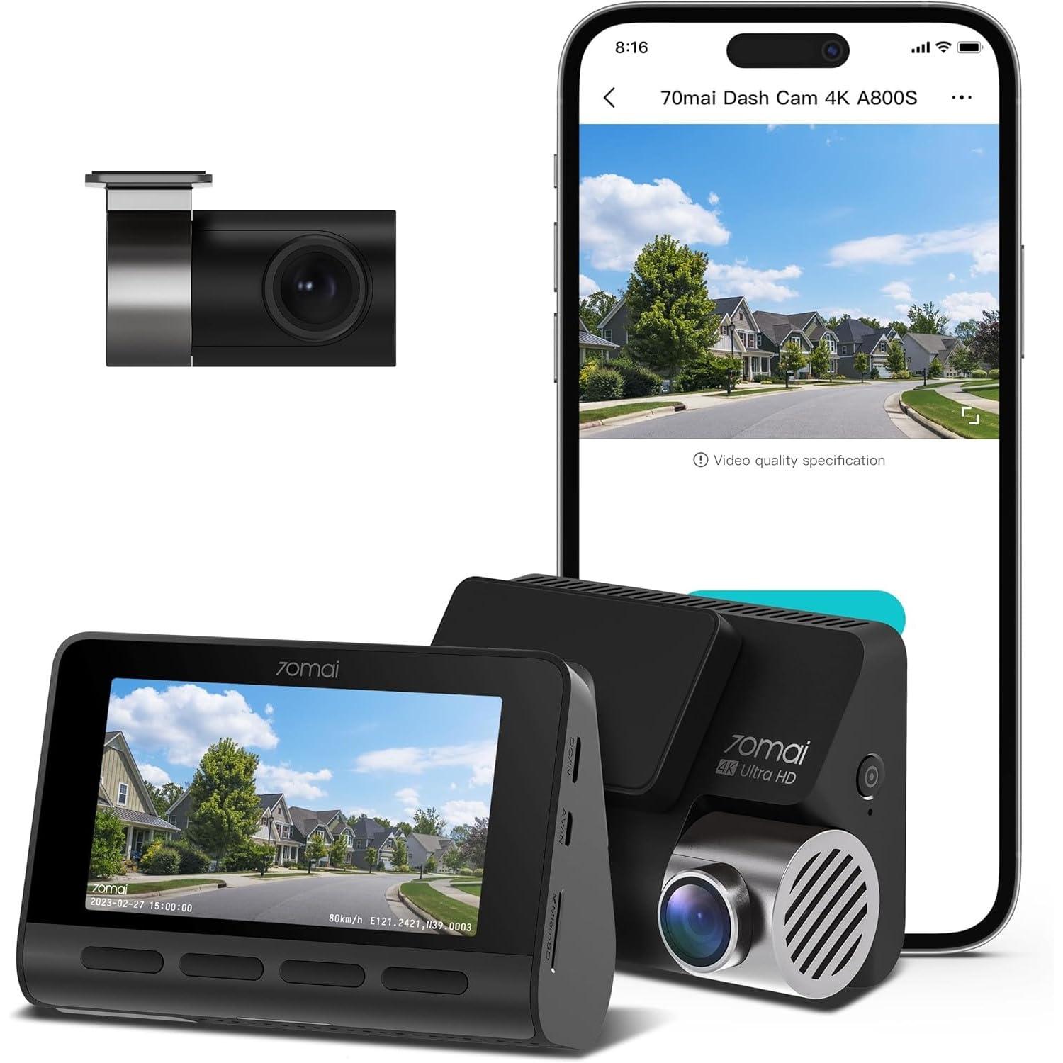 70mai A800S True 4K Dual Channel Car Dash Camera, 2160P Front & 1080P Rear, Built-in GPS Logger, IMX415 Sensor, ADAS, F1.8, 140° 7G Lens, 3D-DNR, 5GHz WiFi, Optional Parking Mode, Upto 128GB Supported - Triveni World