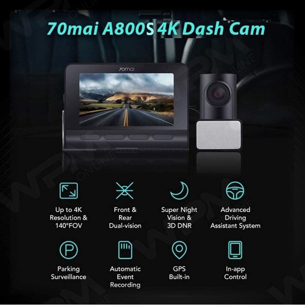 70mai A800S True 4K Dual Channel Car Dash Camera, 2160P Front & 1080P Rear, Built-in GPS Logger, IMX415 Sensor, ADAS, F1.8, 140° 7G Lens, 3D-DNR, 5GHz WiFi, Optional Parking Mode, Upto 128GB Supported - Triveni World