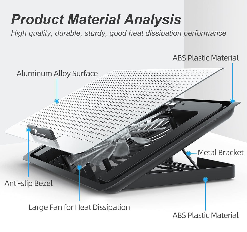 Proffisy Aluminum Laptop Cooling Pad with One Big Quiet Cooling Fan, Laptop Cooler Stand with 7 Height Adjustable, Notebook Cooler pad for Laptop 17 15.6 14 13 12 Inch Two USB Ports (Black)